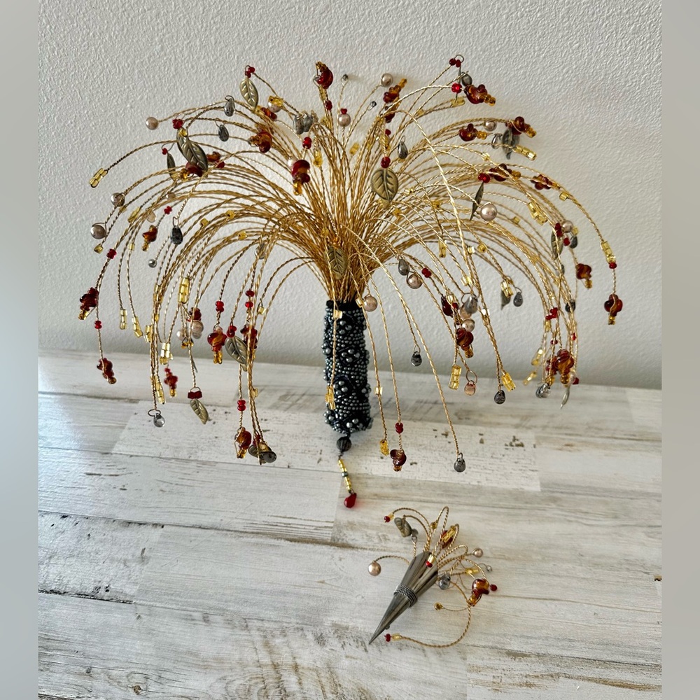 Open to offers! Glass beaded twisted wire bouquet and matching boutonnière.